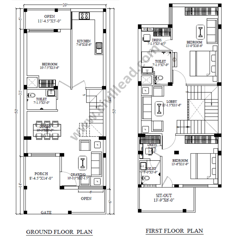 20 × 50 House Plan